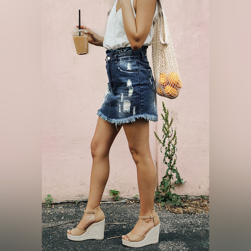 Hayden LA Paperbag Waist Distressed Denim Mini Skirt Size L Boho Festival - Picture 11 of 13